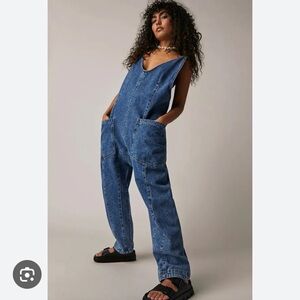 Free People Denim Pocket Jumpsuit in Medium Blue